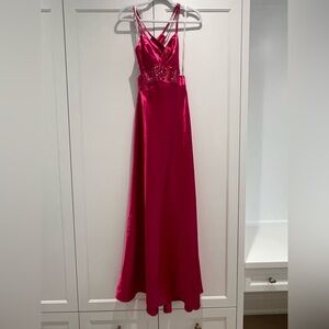 Hot Pink Satin Evening Gown with Beaded Waist